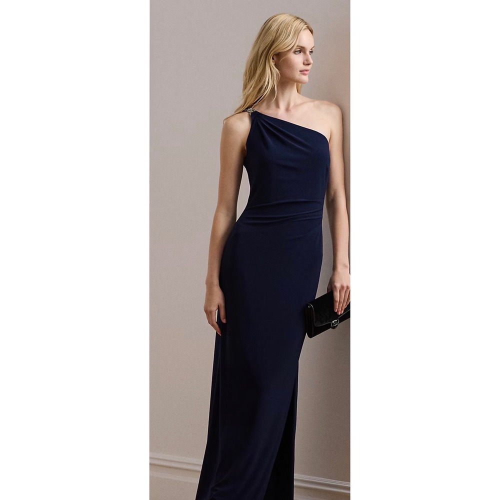 Lauren Ralph Lauren Jersey One Shoulder Gown‎ Navy Blue Size 16